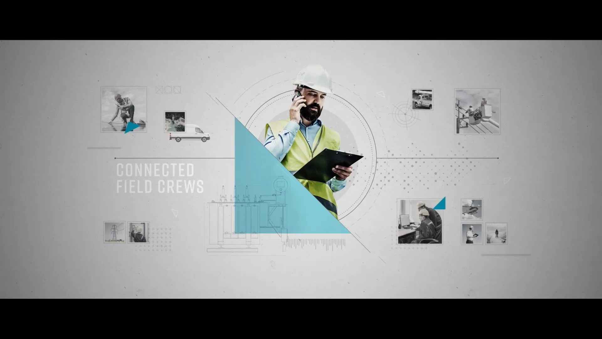 Field engineer wearing safety equipment using a tablet and phone, representing digitally connected field crews and asset management.