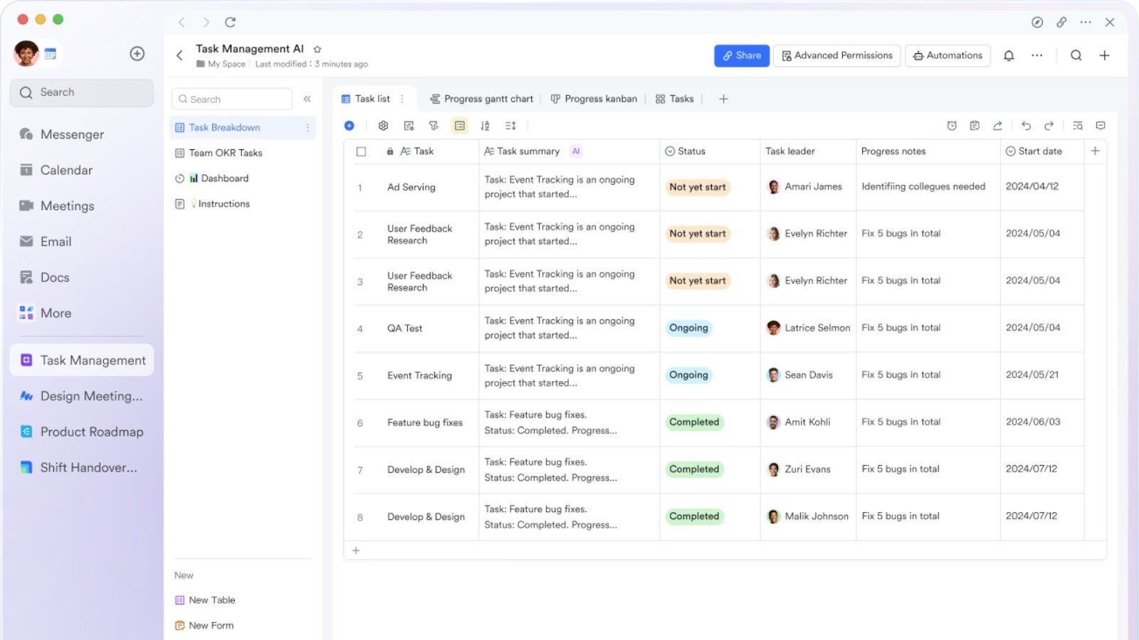 Lark's task management dashboard with project statuses