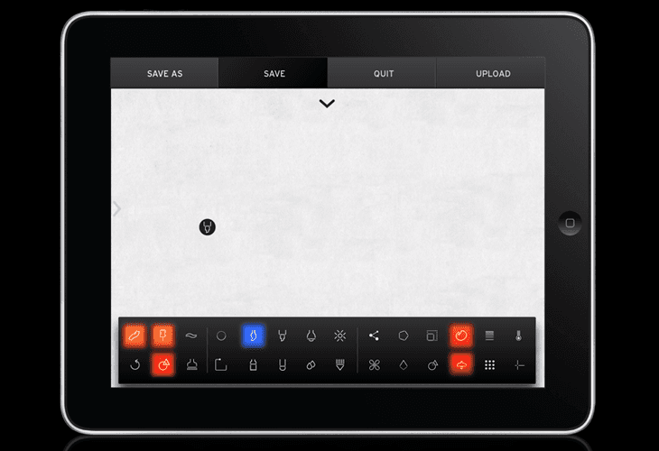 A tablet device displays a white screen with a black border. Above the screen are three tabs: “SAVE AS,” “SAVE,” and “QUIT.” Below the screen is a black keyboard with orange square keys and several function keys. The device is centered against a black background.