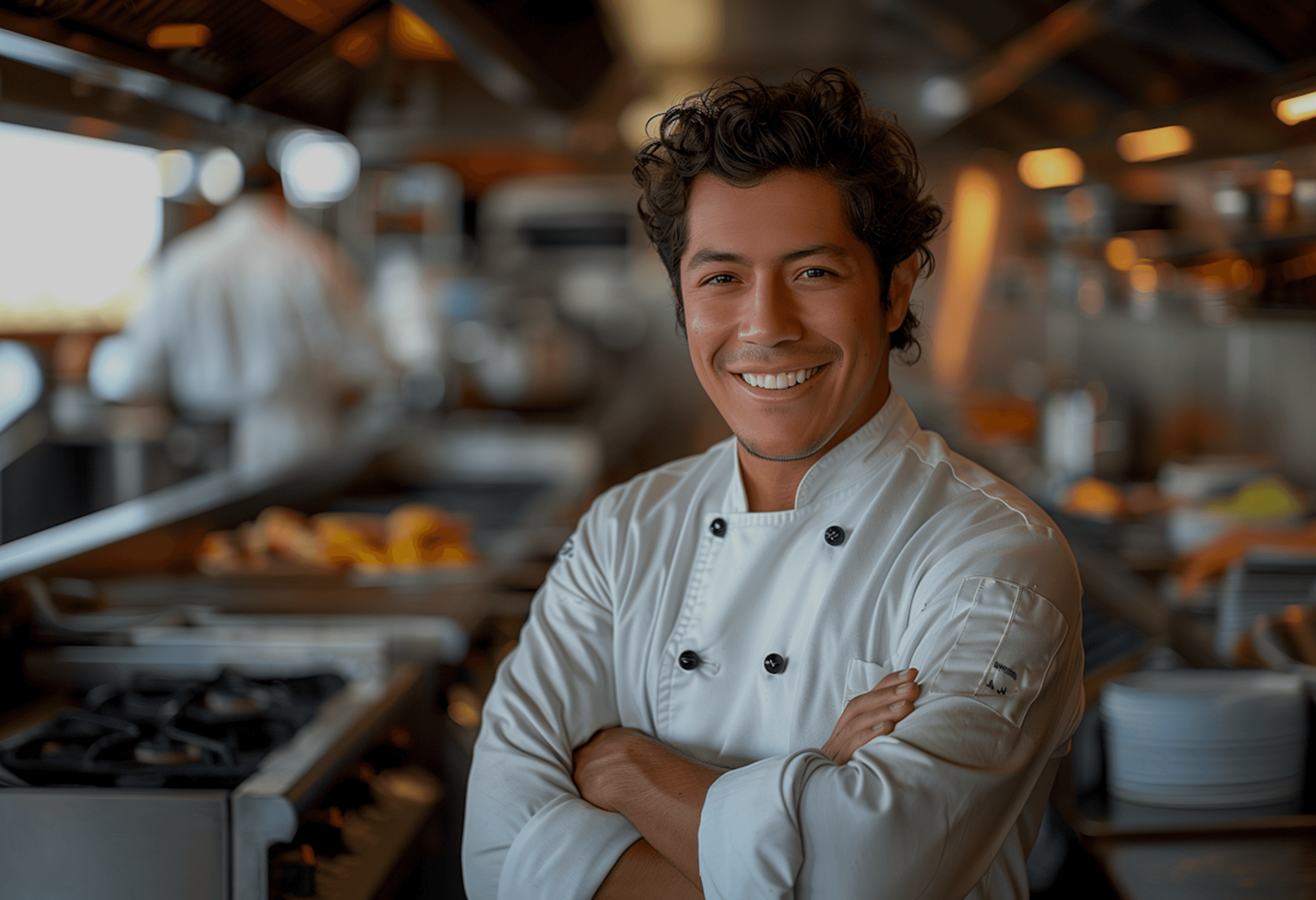 Smiling chef in a busy kitchen with cooking equipment in the background.