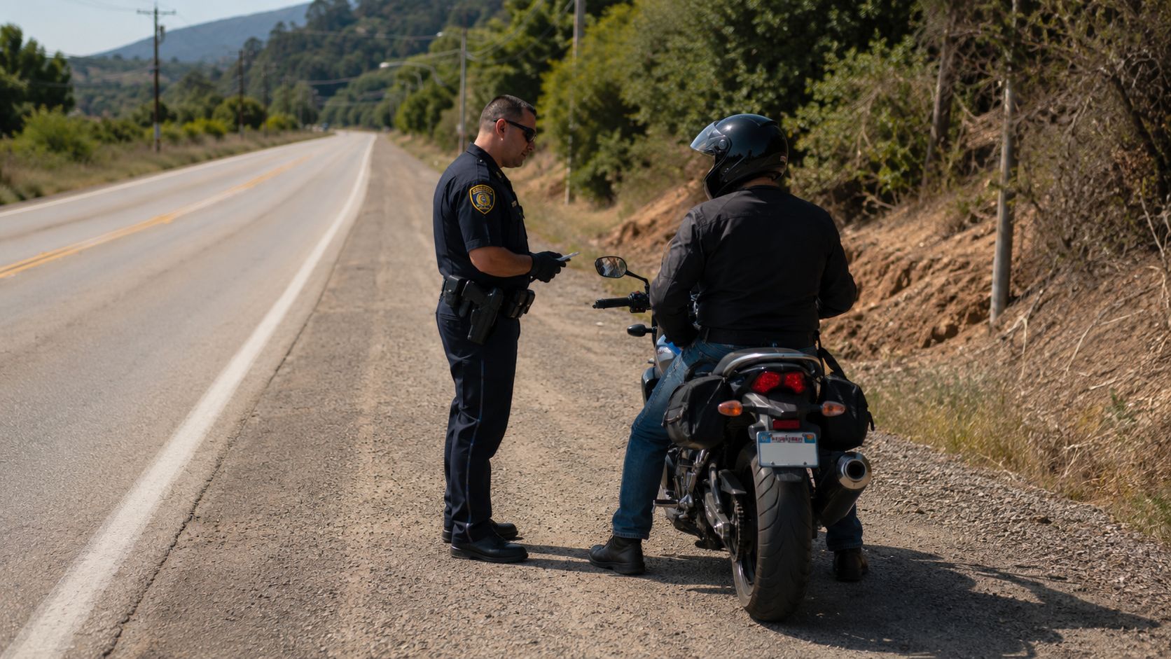 A police officer conducting a traffic stop with a motorcyclist on the side of a road, representing legal risks.
