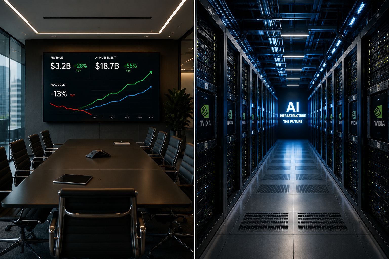 Split image: a boardroom screen showing rising revenue and AI investment next to falling headcount, alongside a data center corridor lined with AI server racks