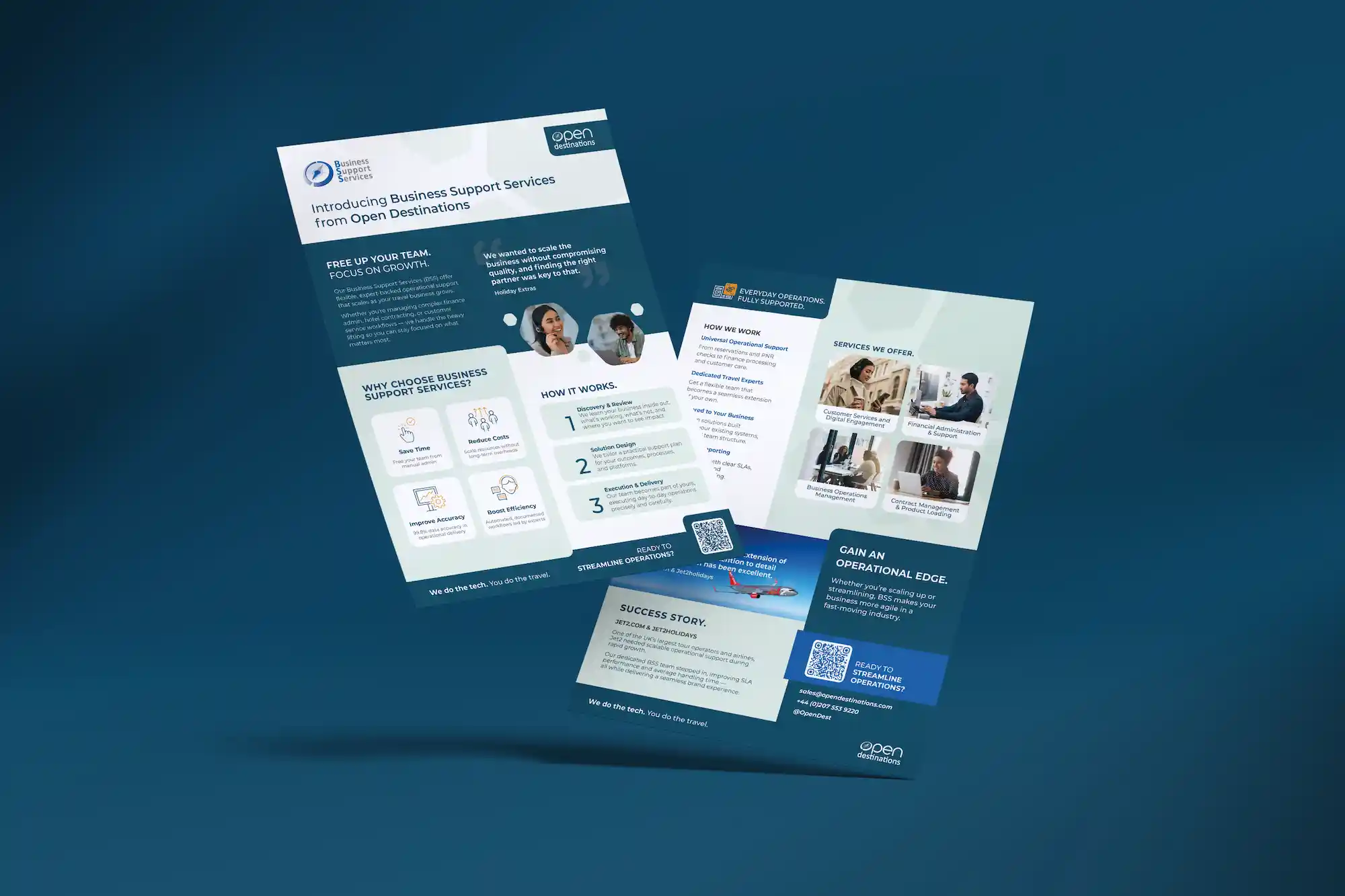 Printed marketing brochures for Open Destinations’ Business Support Services, featuring infographics, service explanations, and client success stories on a blue background.