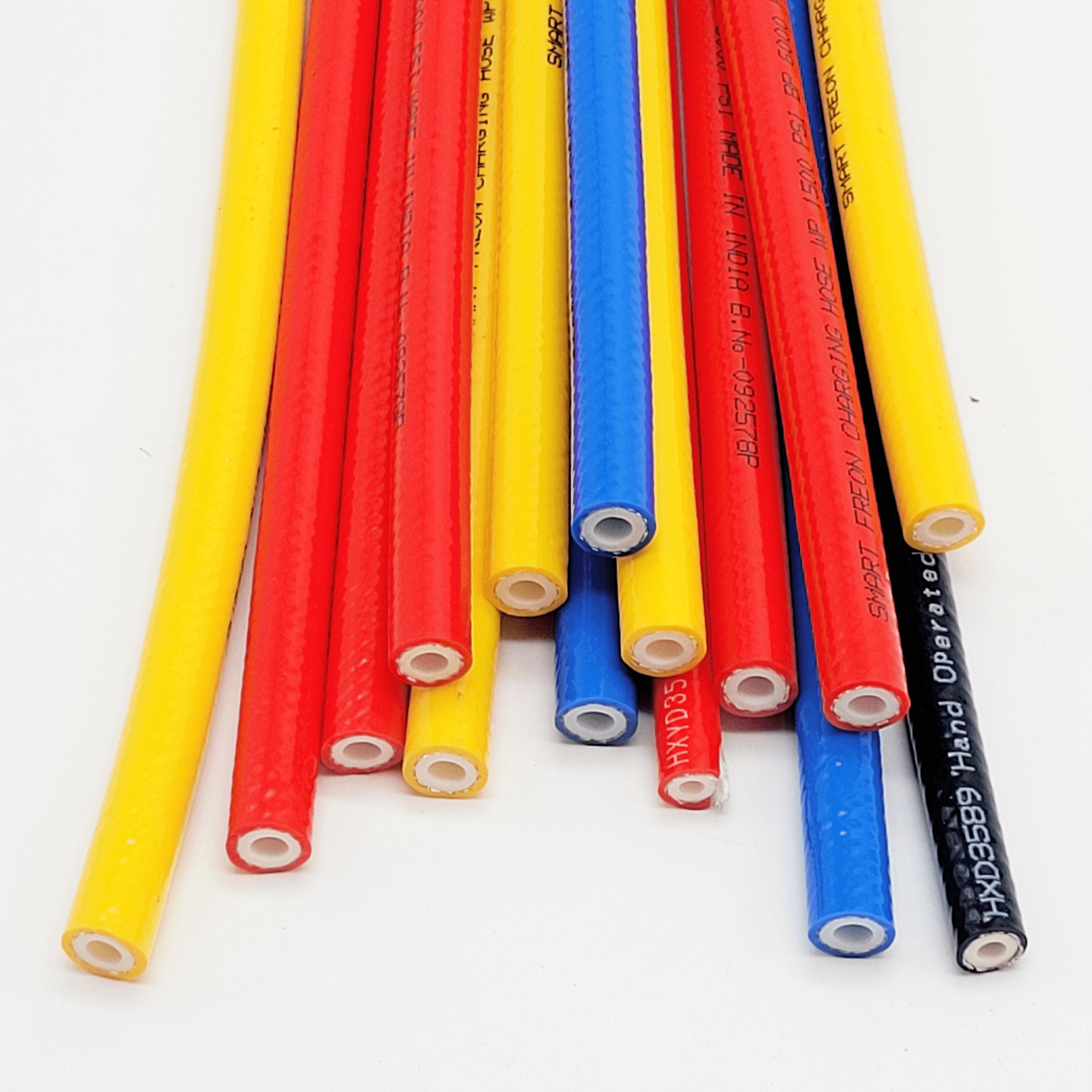 5 Peices of Rubber hose kept besides each other with specifications printed on them