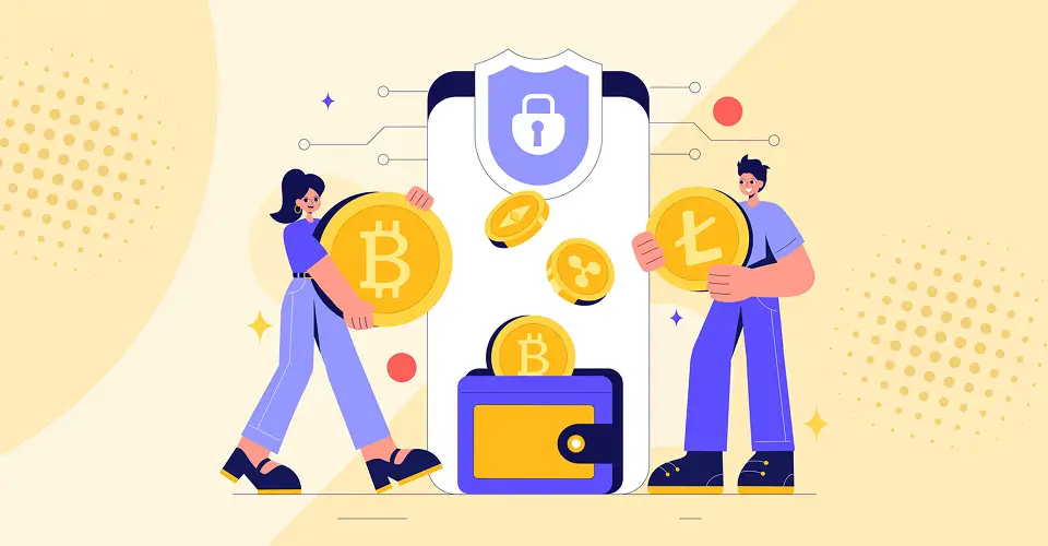 People handling cryptocurrency coins near a secure wallet