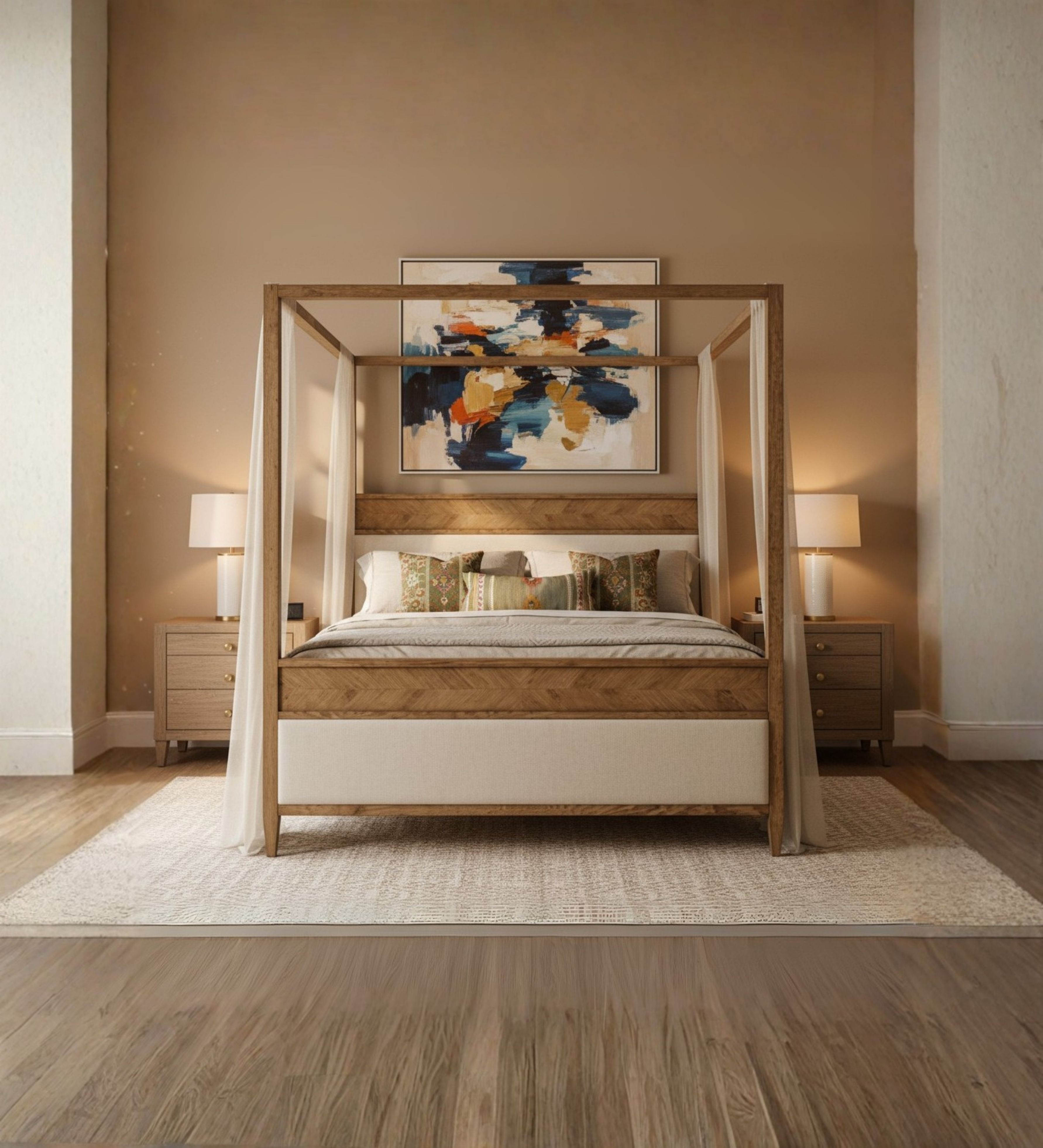 Canopy bed featuring a box frame structure and open post design