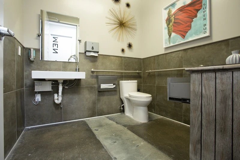 Accessible bathroom with textured walls, modern fixtures, and art decor in Kannabis Works.