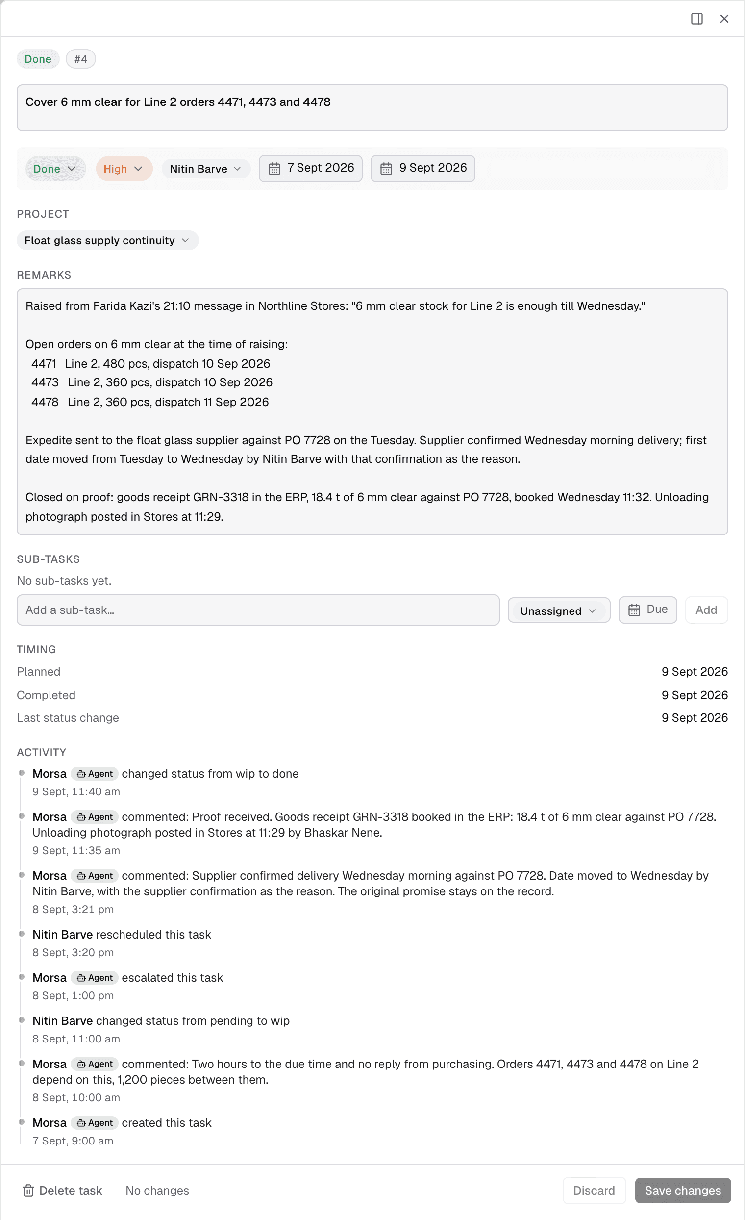 One commitment from signal to verification: the originating message, the owner and date assigned, the reminders and escalation, and the proof recorded at close.