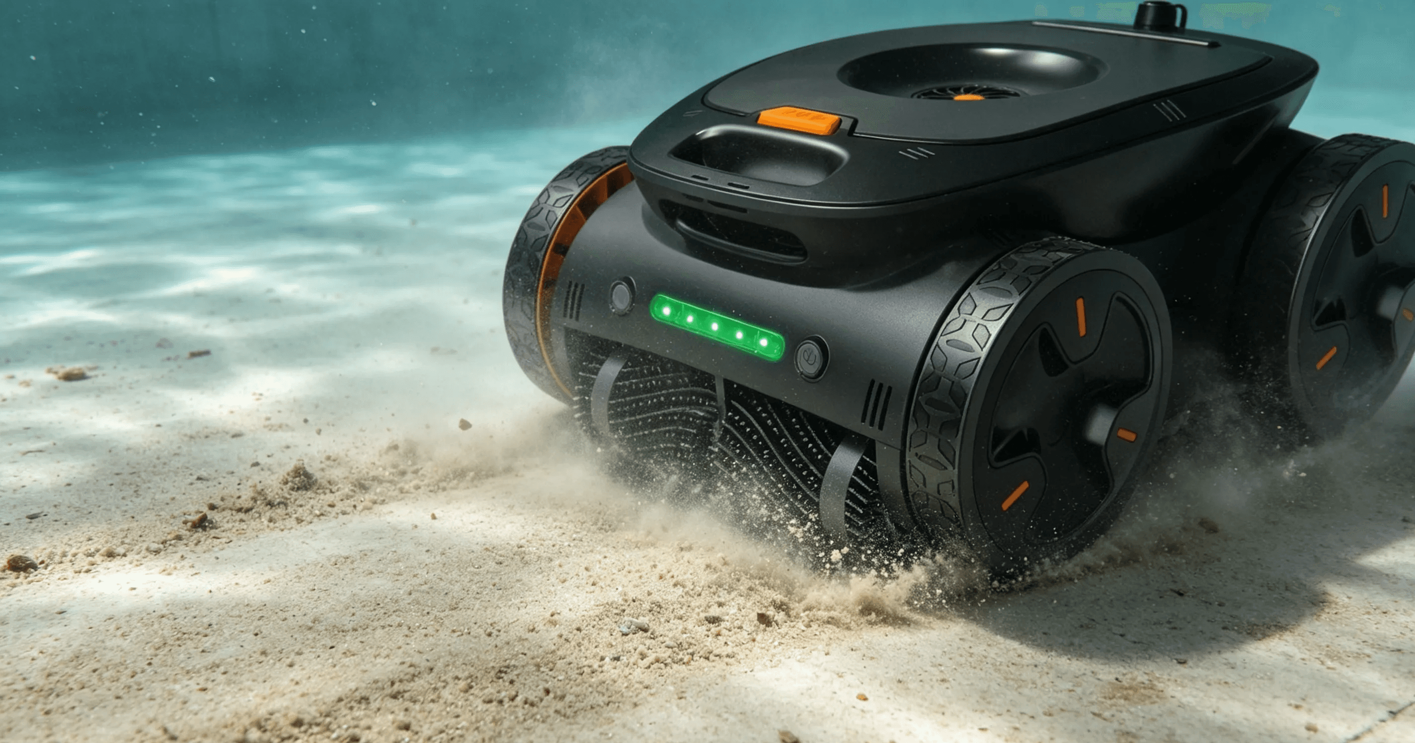 Robotic pool cleaner removing sand and small particles from pool floor