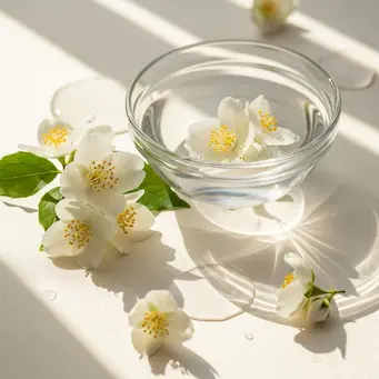 Delikatne białe kwiaty i szklana miseczka z wodą – przygotowanie do masażu Korugi w Belleza Beauty.