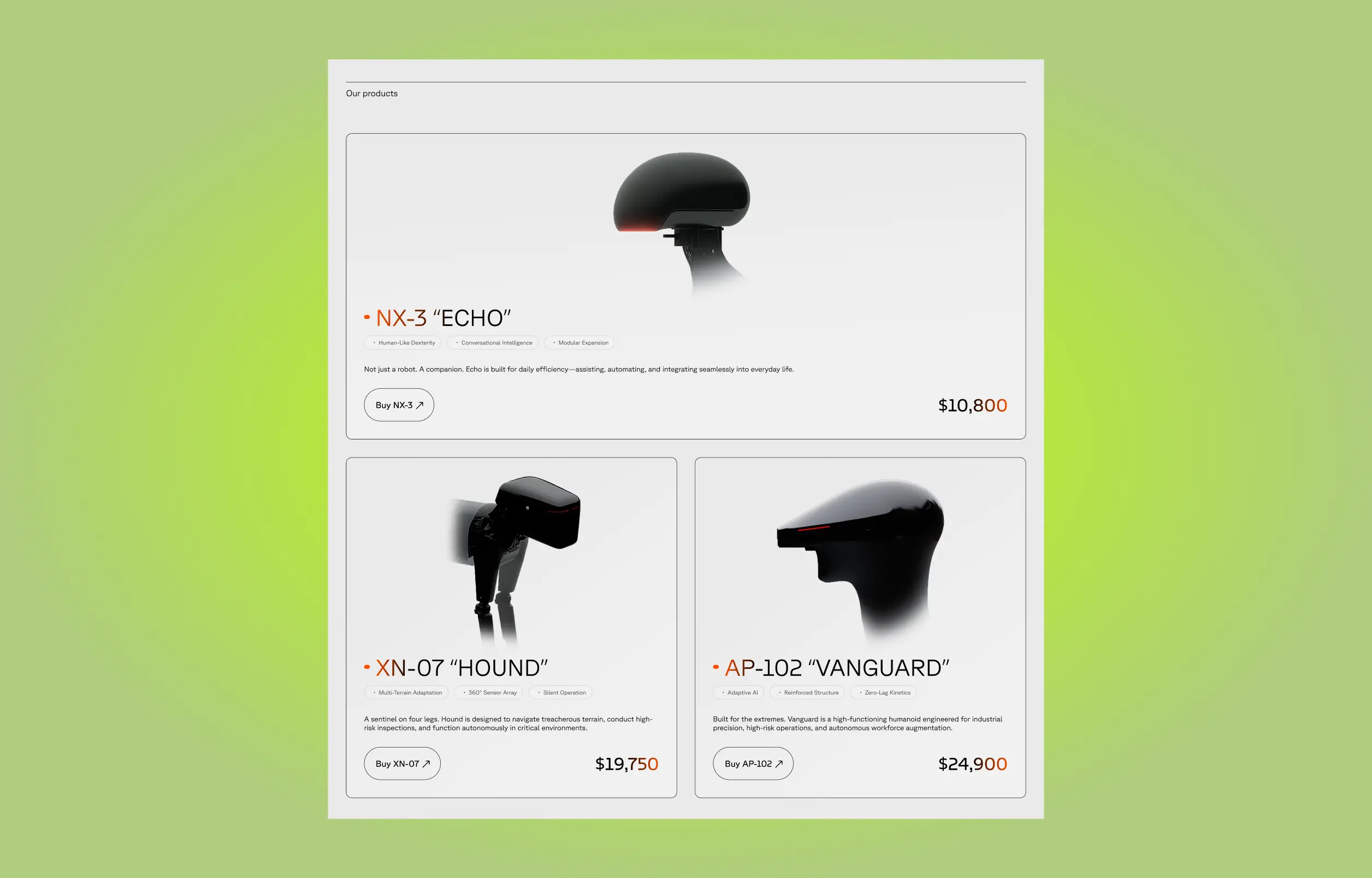 Product grid layout showcasing SignalZero robotic devices, designed as a clean e-commerce UI with modern component styling.