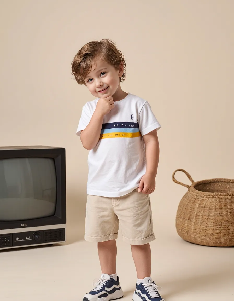 Child in white polo shirt with blue and yellow stripes and beige shorts standing against neutral background with vintage TV and woven basket