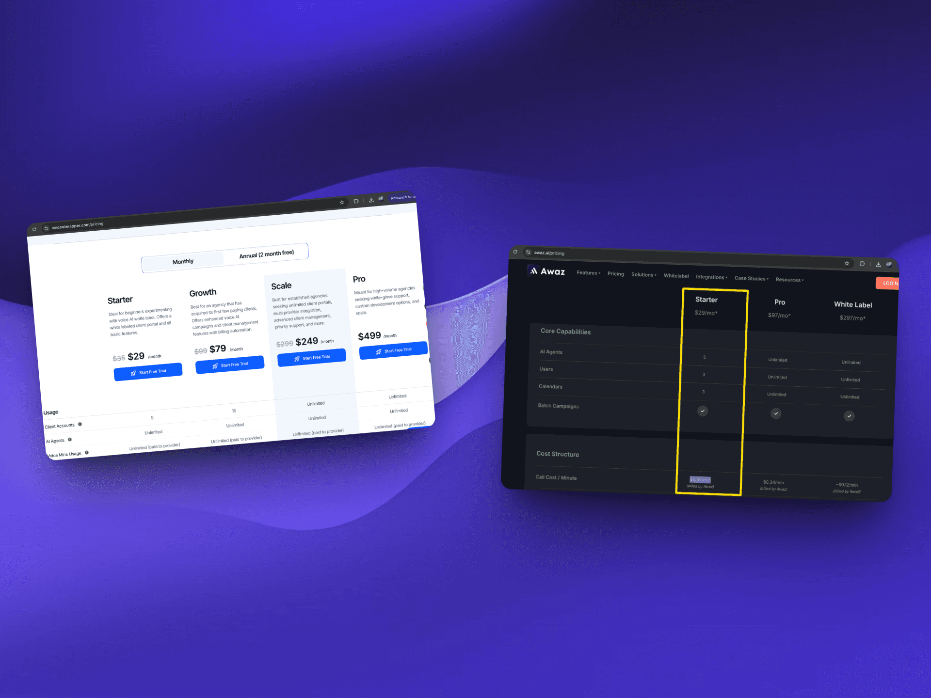 Awaz.ai alternative - Better voice AI white label pricing options for agencies | VoiceAIWrapper comparison showing transparent pricing: Starter $29/month, Growth $79/month, Scale $249/month, Pro $499/month with unlimited voice minutes and no transaction fees versus Awaz.ai's complex per-user pricing structure with usage limits and additional costs for white-label solutions | VoiceAIWrapper