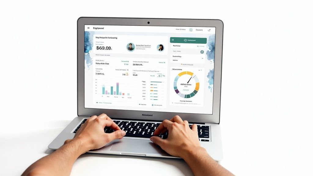 Close-up of hands typing on a laptop, showing a detailed business analytics dashboard.