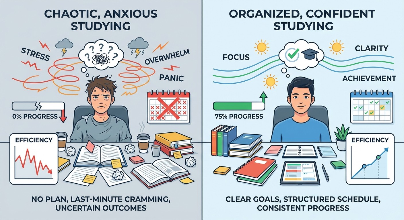 Structured study approach reduces exam anxiety compared to chaotic preparation
