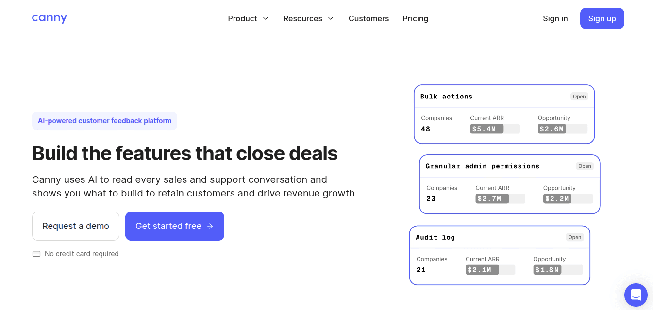 Canny homepage showing its AI-powered customer feedback platform