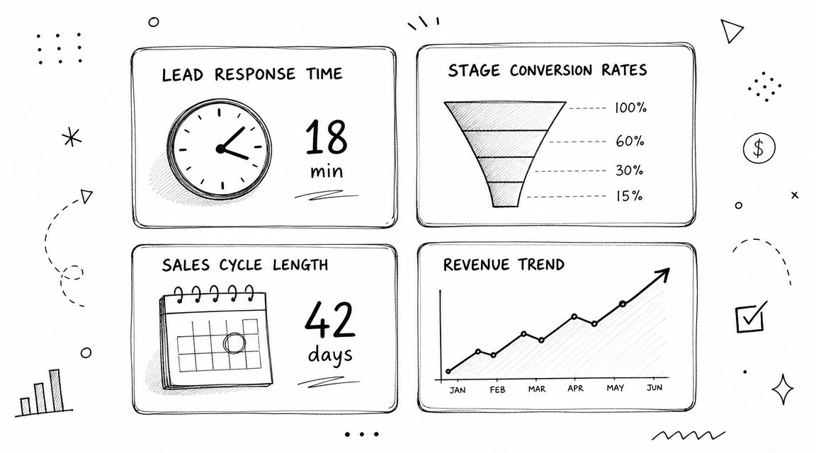 A hand-drawn business infographic displaying CRM performance metrics like lead response time, conversion rates, and revenue trends.