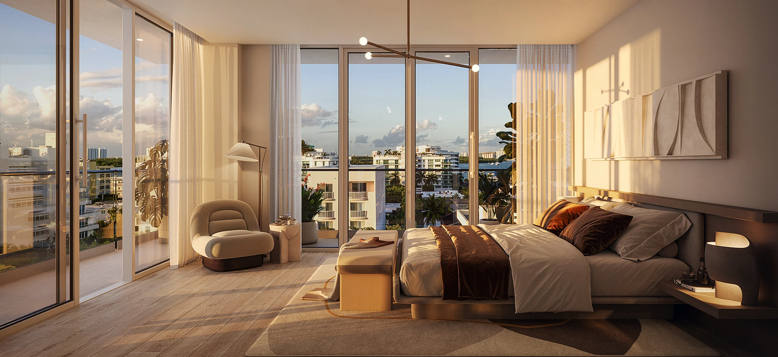 A cozy bedroom with a spacious window showcasing a beautiful ocean view, inviting natural light.