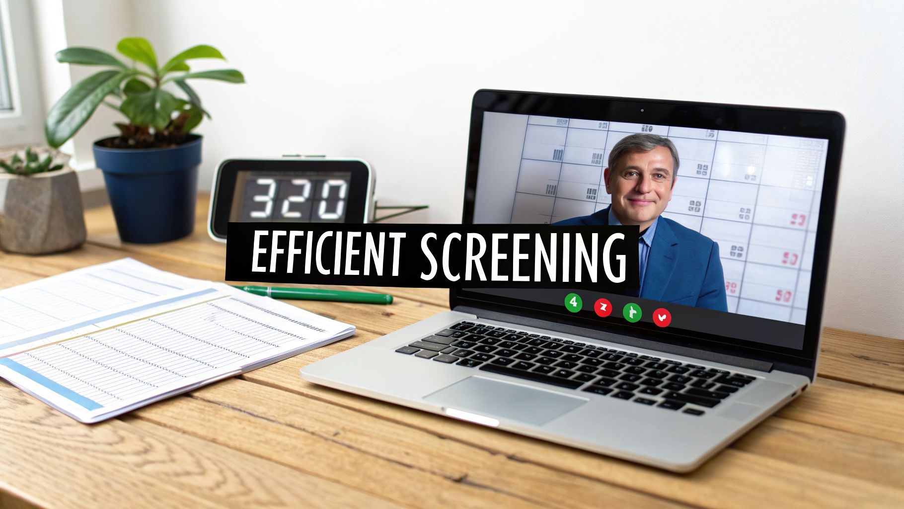 A laptop on a wooden desk shows a video call with a smiling man and the text 'EFFICIENT SCREENING'.