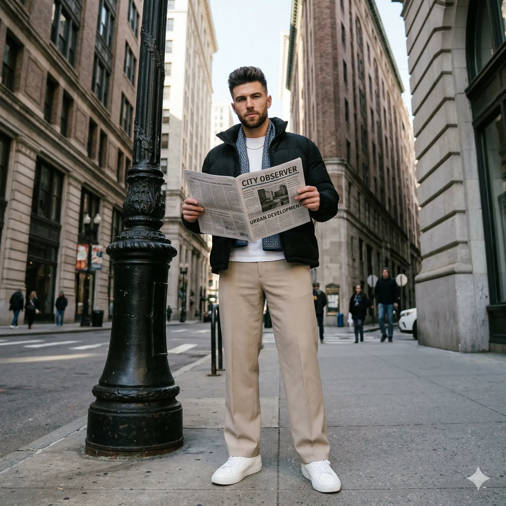 Realistic AI image generation of a man reading a newspaper on a downtown city street. Designed with Nanobanana prompts by AI marketing trainer Mahendra.