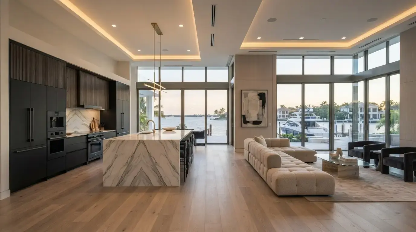 Modern open-concept kitchen and living area featuring dark cabinetry, marble island, light wood floors, and floor-to-ceiling windows with waterfront and boat views