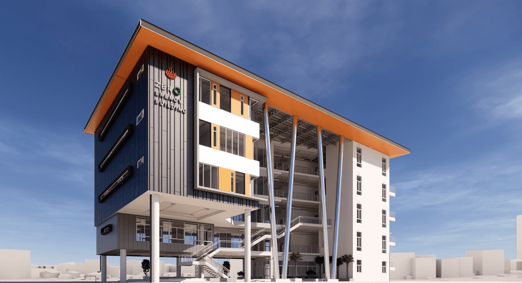 DEDE Net Zero Energy Building exterior showing sustainable architecture and green building design where AltoTech implemented AI-powered building automation systems