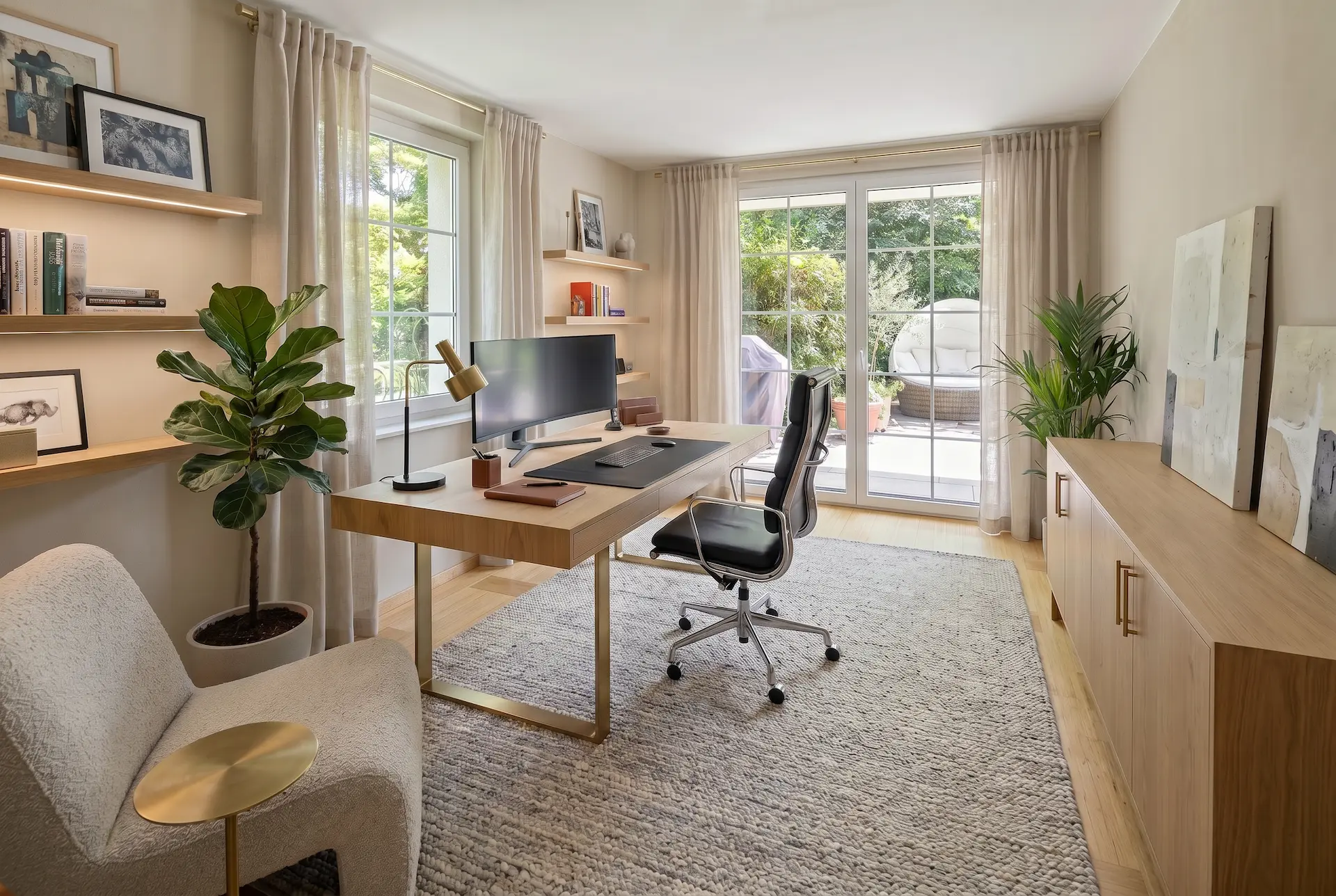 Repräsentatives Home Office mit Sicht auf Garten im Erdgeschoss.