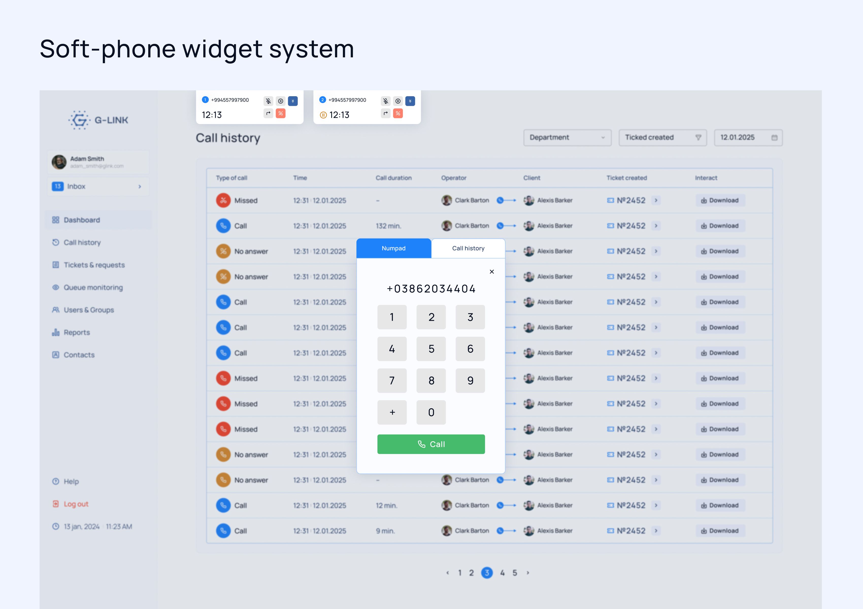 Soft-phone widget displayed over the G-link call history interface, showing numpad and call history tabs.