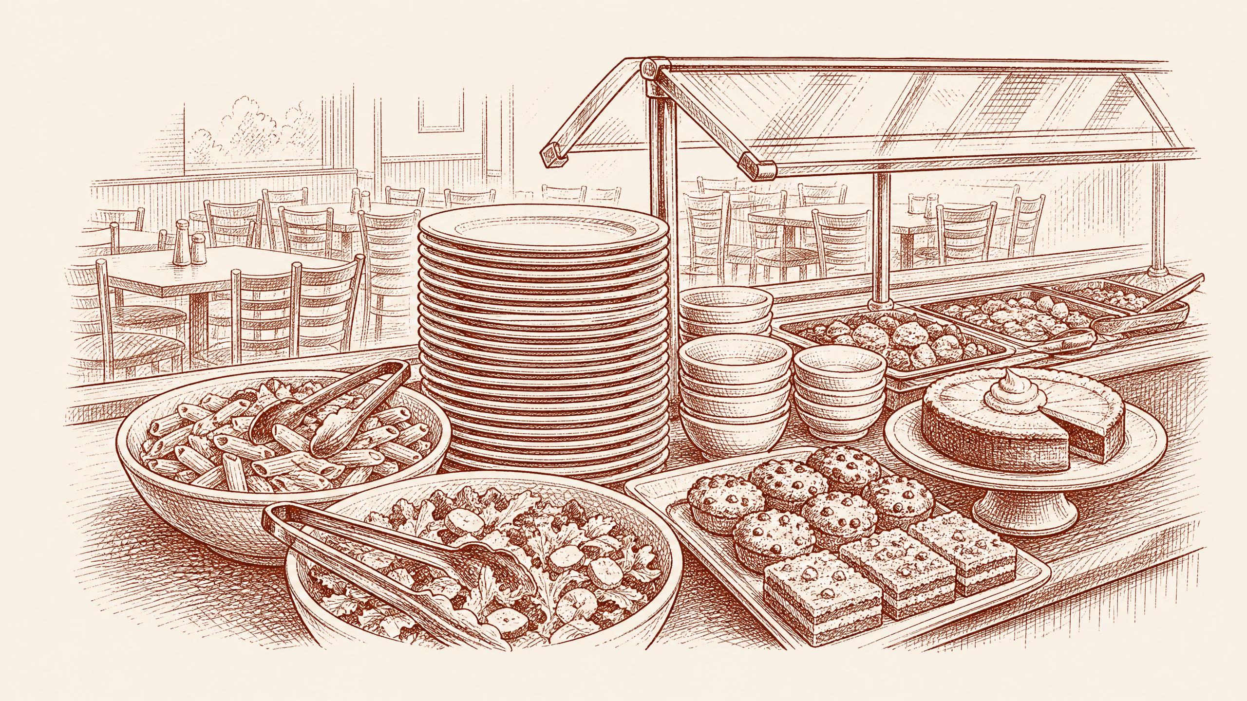 A tall stack of clean buffet plates as the central object, pasta, family friendly restaurants tampa