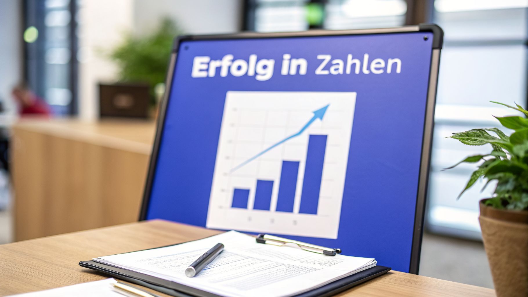 Ein blaues Schild mit der Aufschrift 'Erfolg in Zahlen' und einem aufsteigenden Balkendiagramm auf einem Schreibtisch mit Dokumenten.