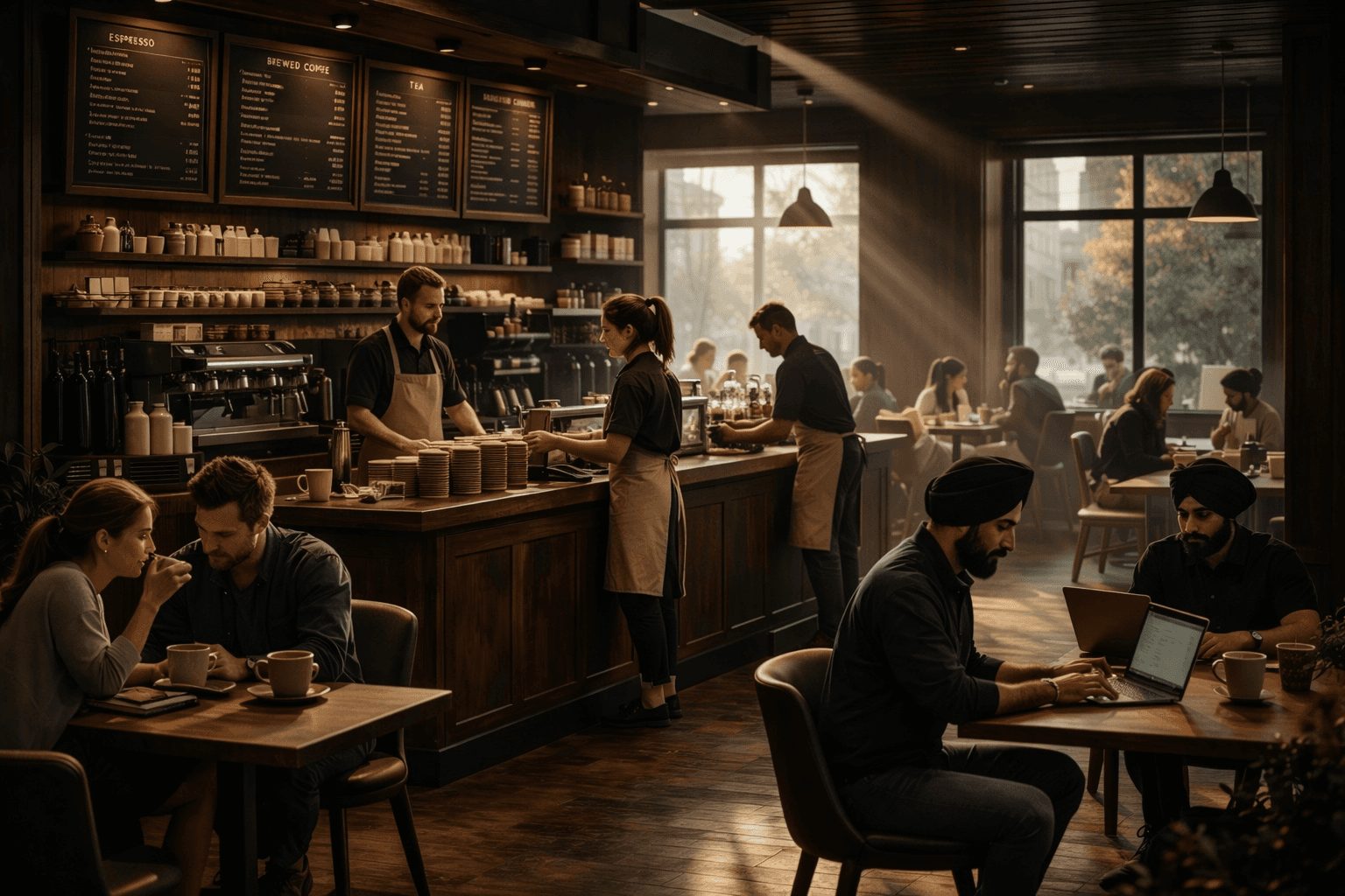 Busy café interior with customers seated at wooden tables, baristas working behind the counter, and a warm, social atmosphere.