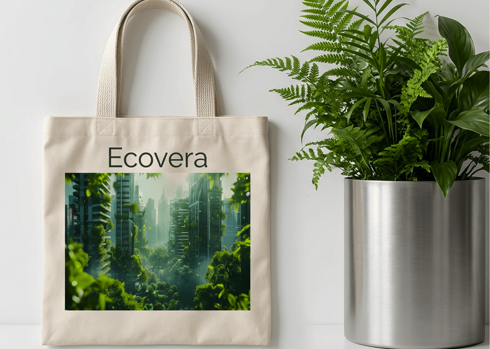 Ecovera tote bag featuring a green futuristic city design.