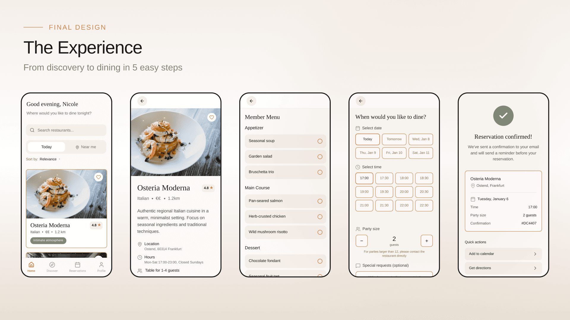 DineCircle UX process presentation slide showing user research insights, journey mapping, wireframes, and final UI screens