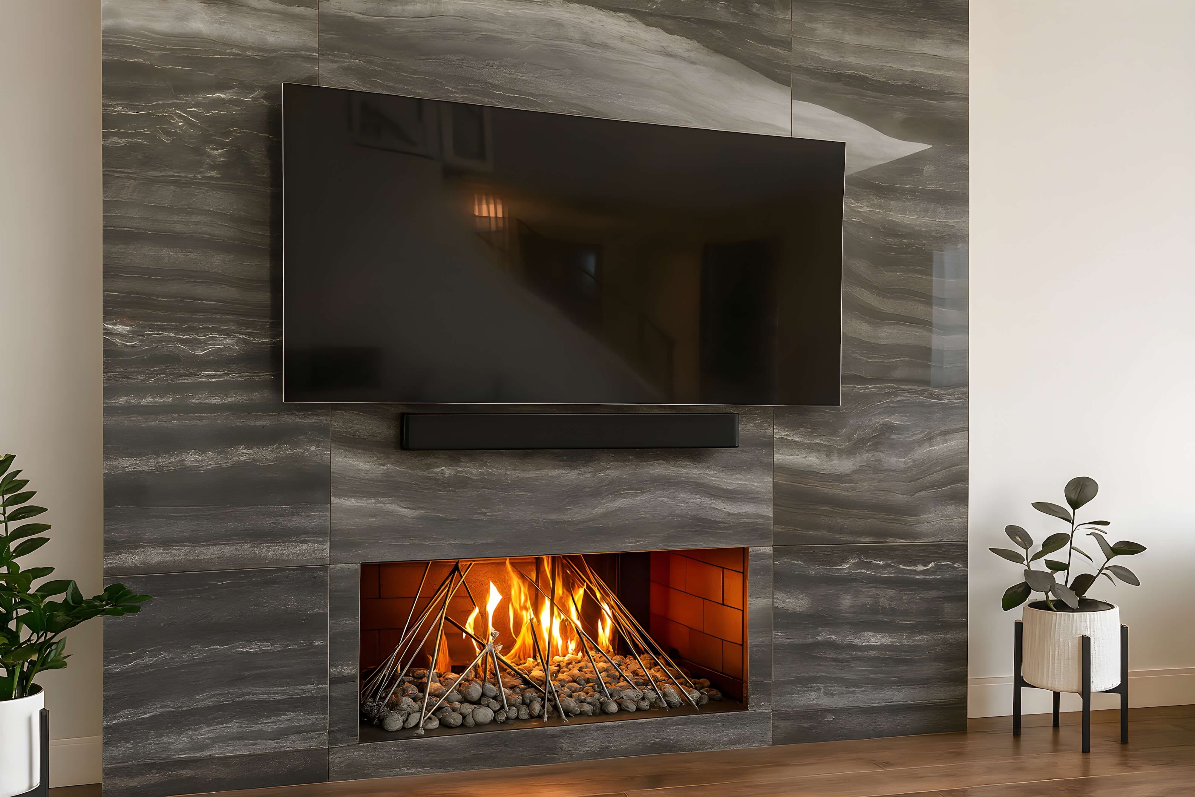 Modern fireplace with sleek gray marble surround, mounted TV, pebble and log fire display, and minimalist potted plants.