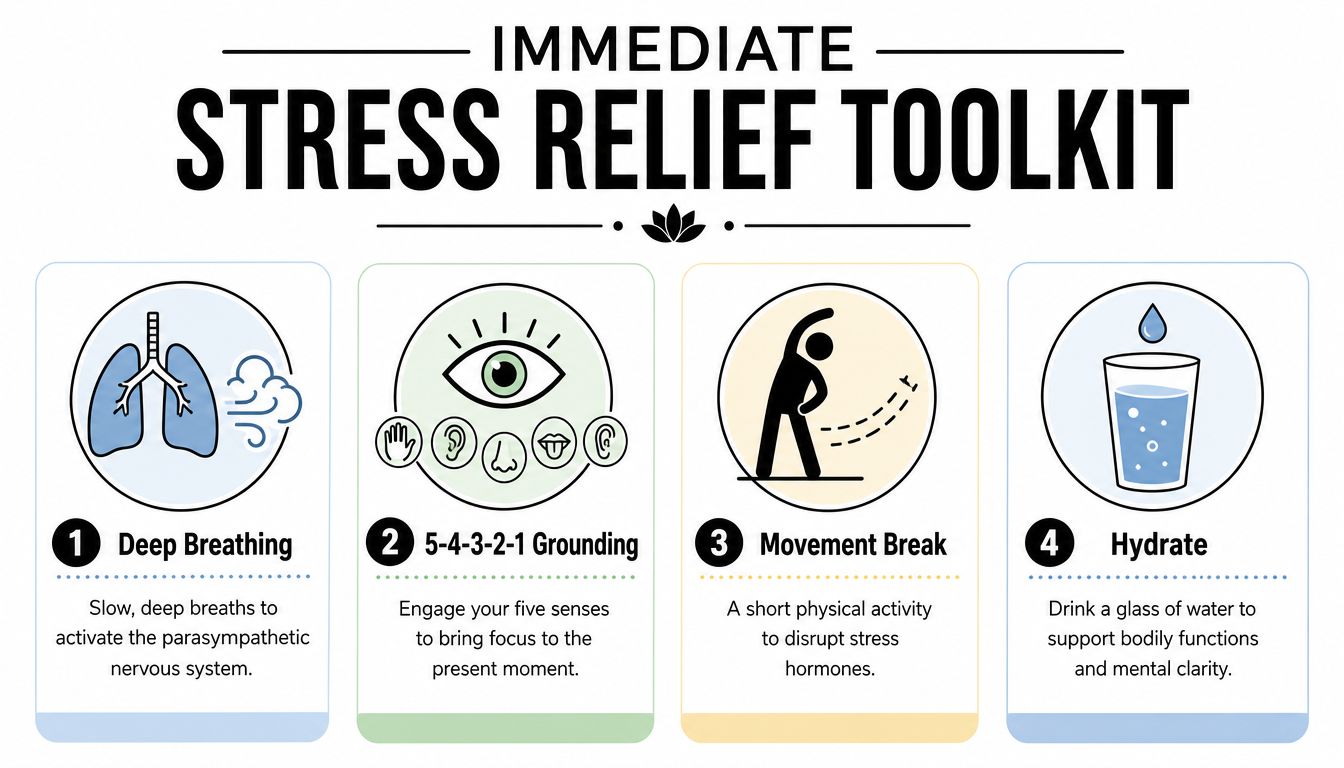 An infographic displaying four immediate stress relief tips, including deep breathing, grounding, movement, and hydration for relaxation.