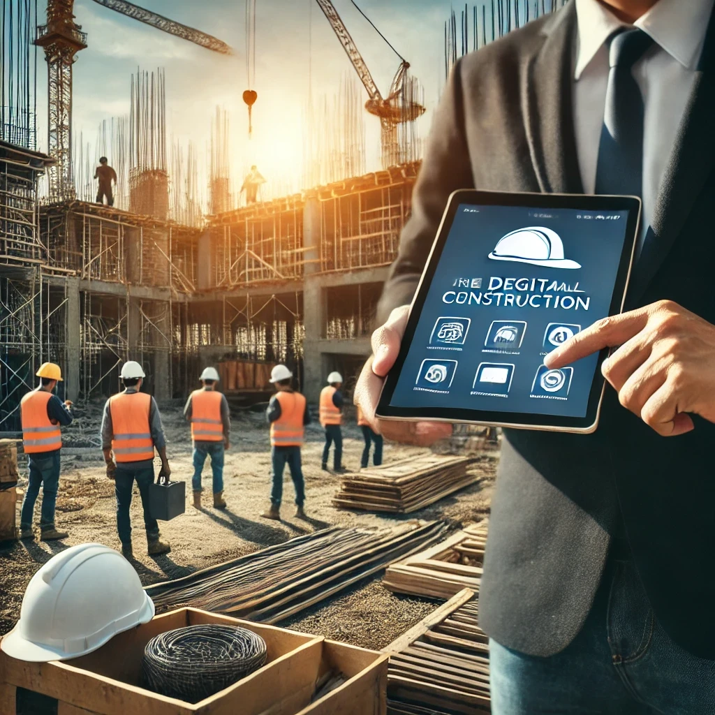 L'image représente un entrepreneur BTP sur un chantier, tenant une tablette avec un site web moderne affiché à l'écran, symbolisant la transformation numérique dans le secteur du BTP.