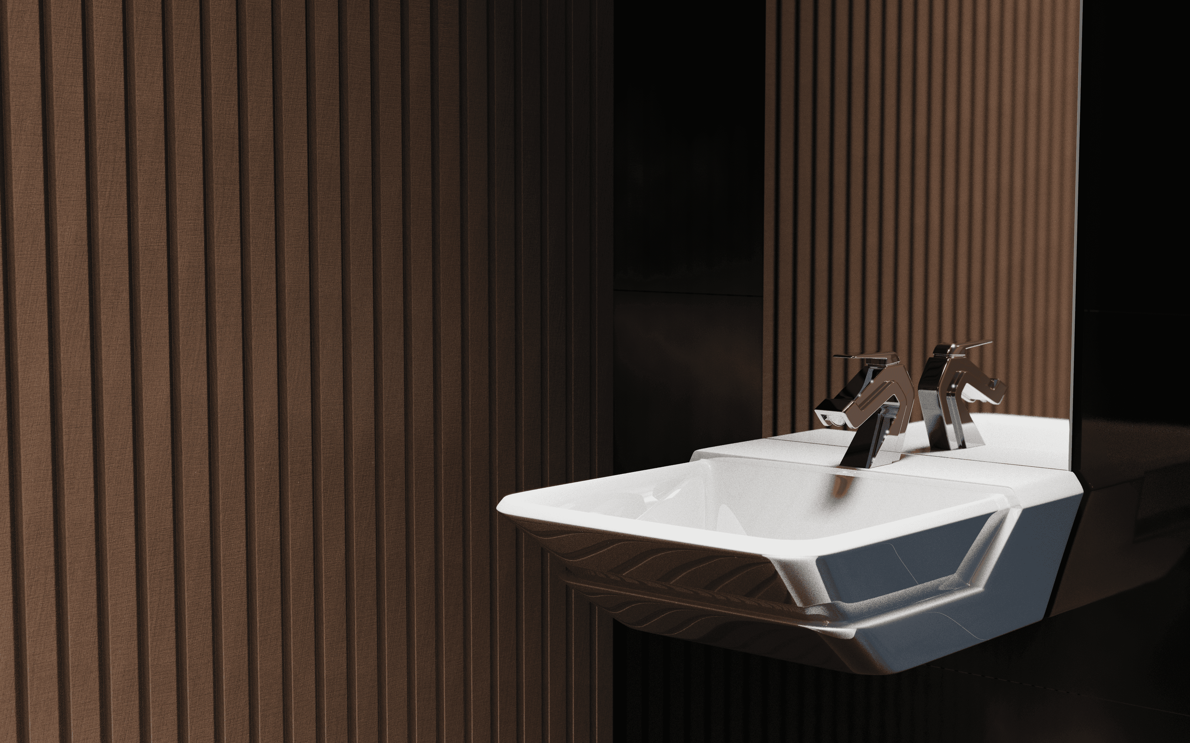 Rendering of the Wash basin and Faucet from the Kane Bathroom Accessories in a Bathroom in Wood Interior