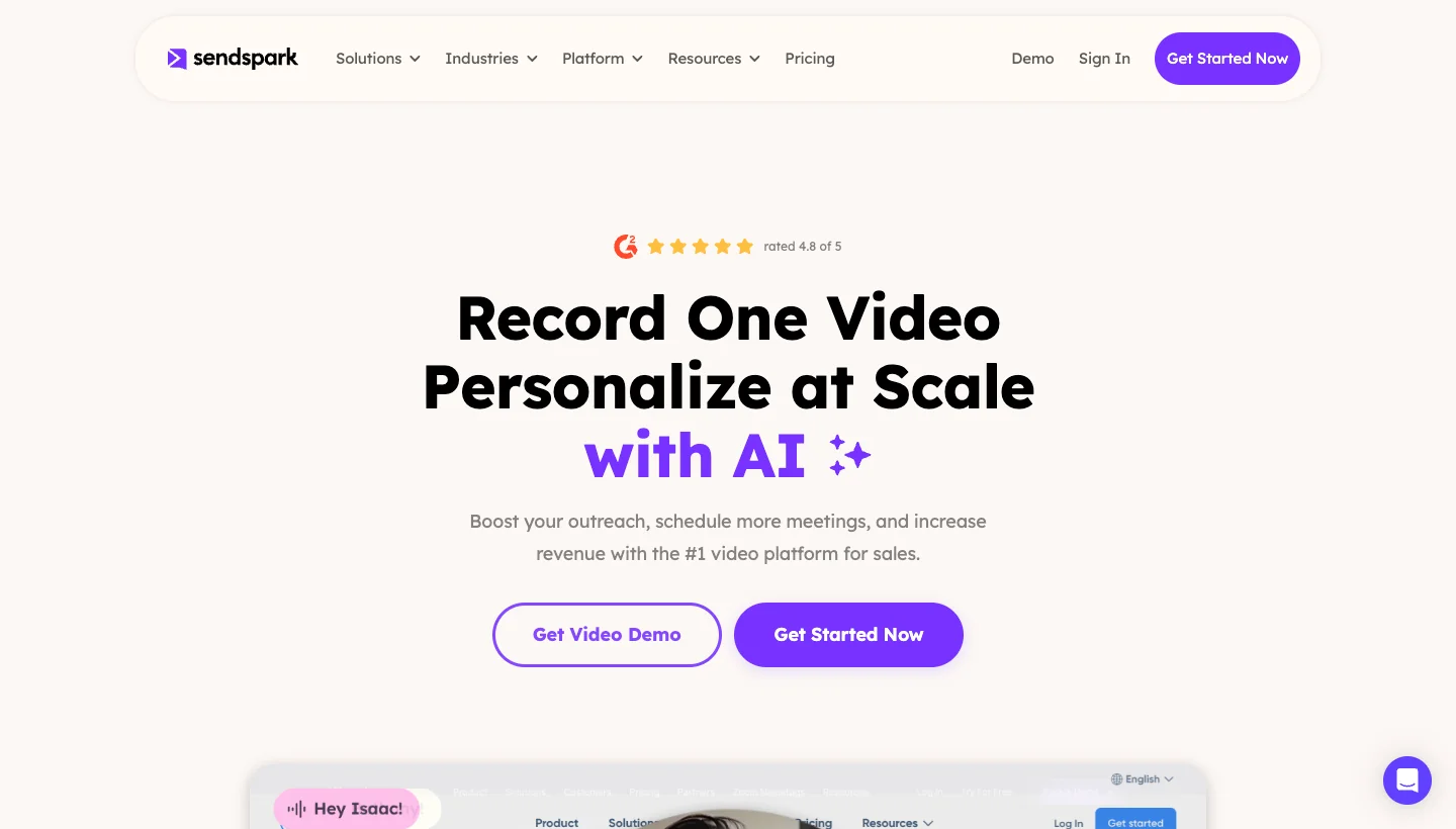 Sendspark homepage: personalized video tool for sales outreach and prospecting