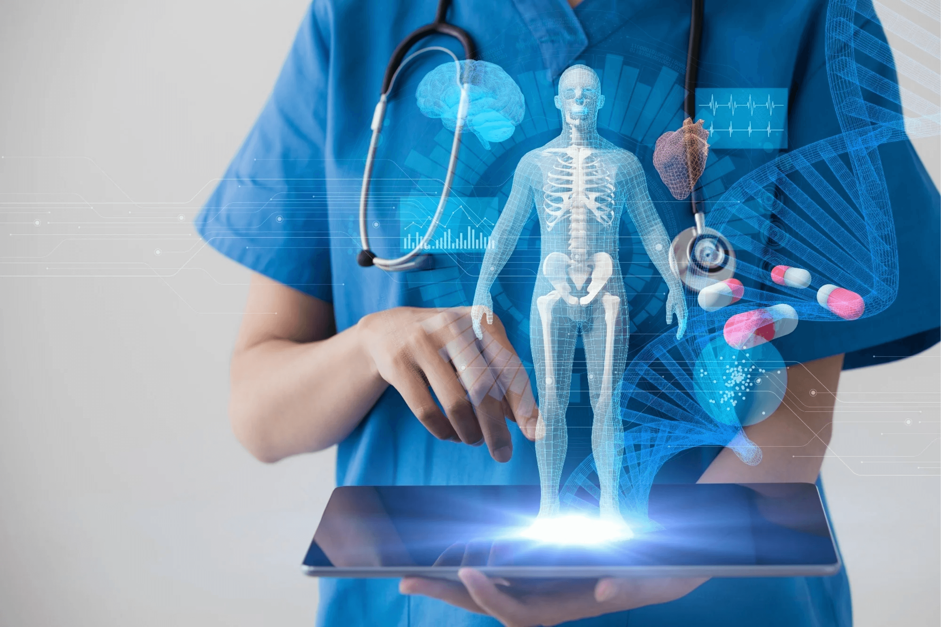 Healthcare professional using a digital human hologram for AI-assisted diagnostics and medical innovation.