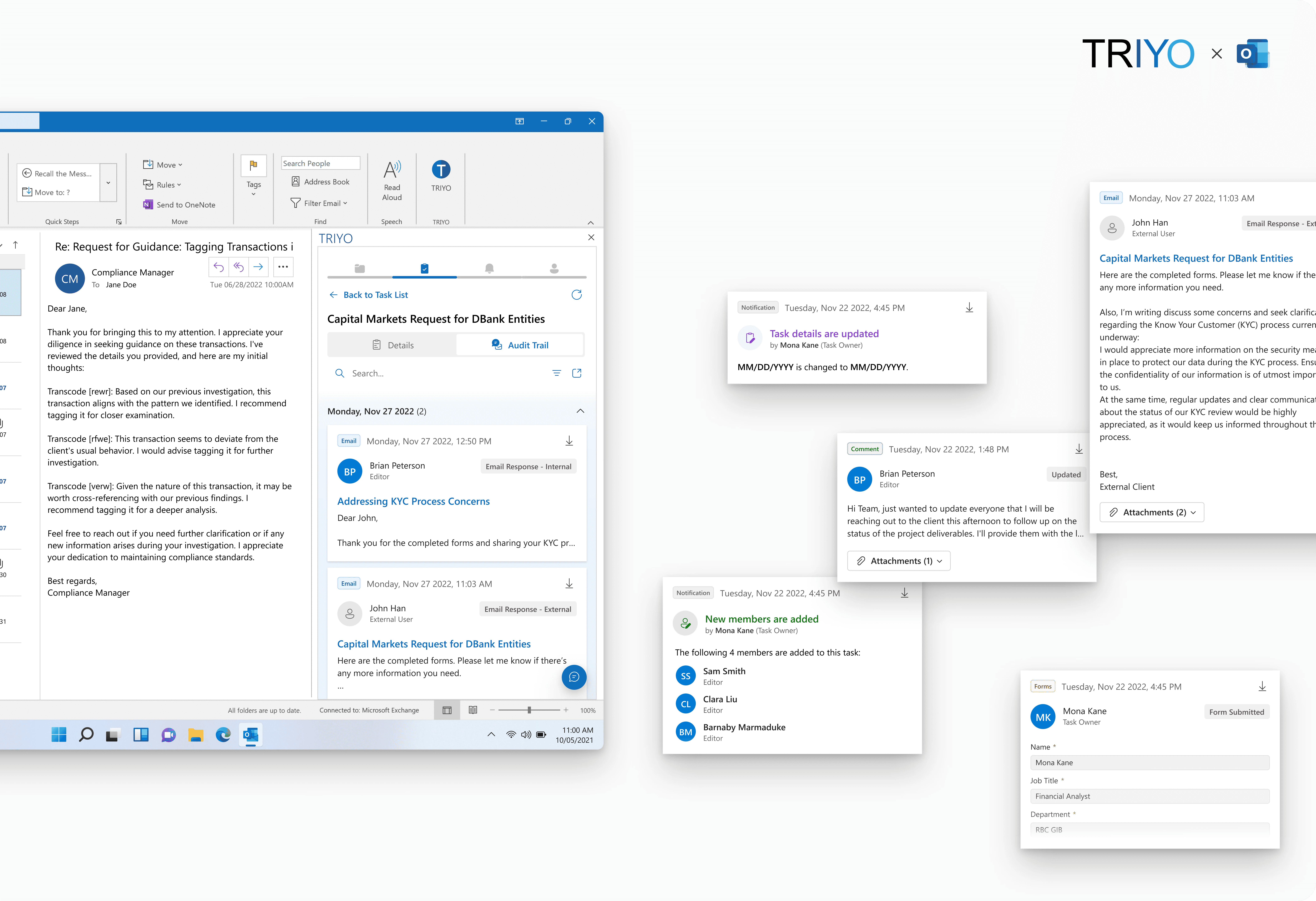 The Audit Trail function in the TRIYO Outlook Add-in helps users track email communications among task members for a specific task. This project aimed to improve the module's usability and align it with the Microsoft Fluent design language.