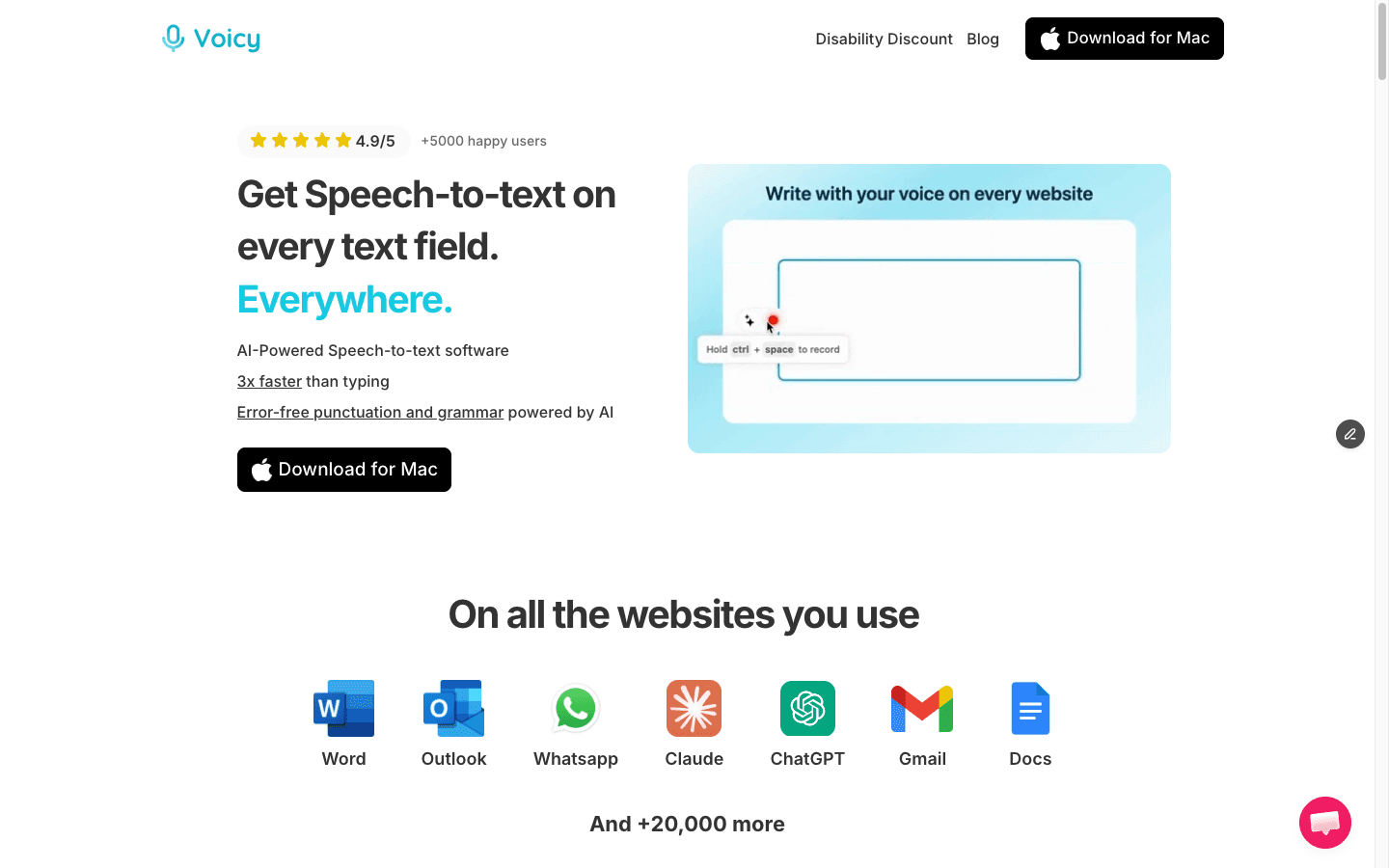 Voicy homepage showing speech-to-text across everyday text fields