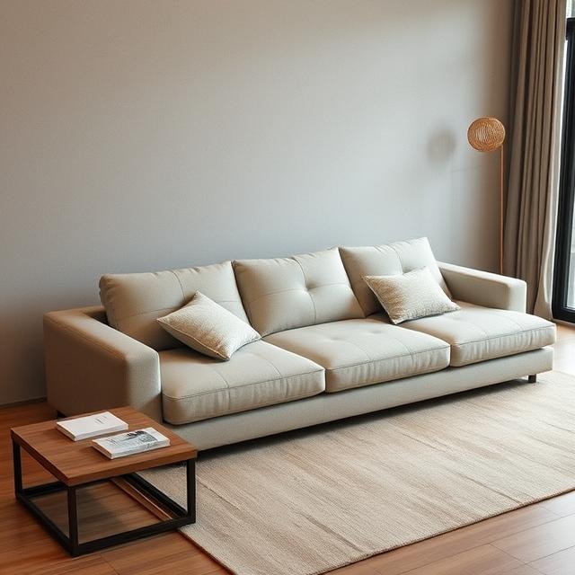 A modern living room featuring a stylish couch and a sleek coffee table, creating a cozy and inviting atmosphere.