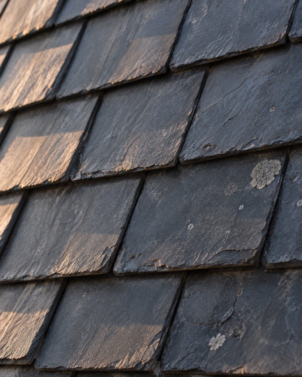 Overlapping slate roof tiles with a line of morning light