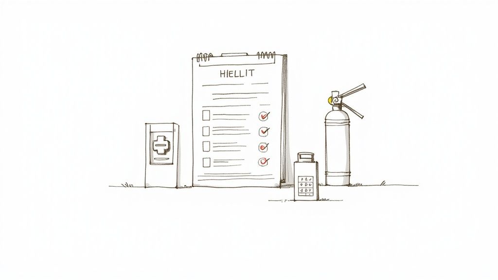 Hand-drawn illustration of essential safety items: first aid kit, checklist, and fire extinguisher.