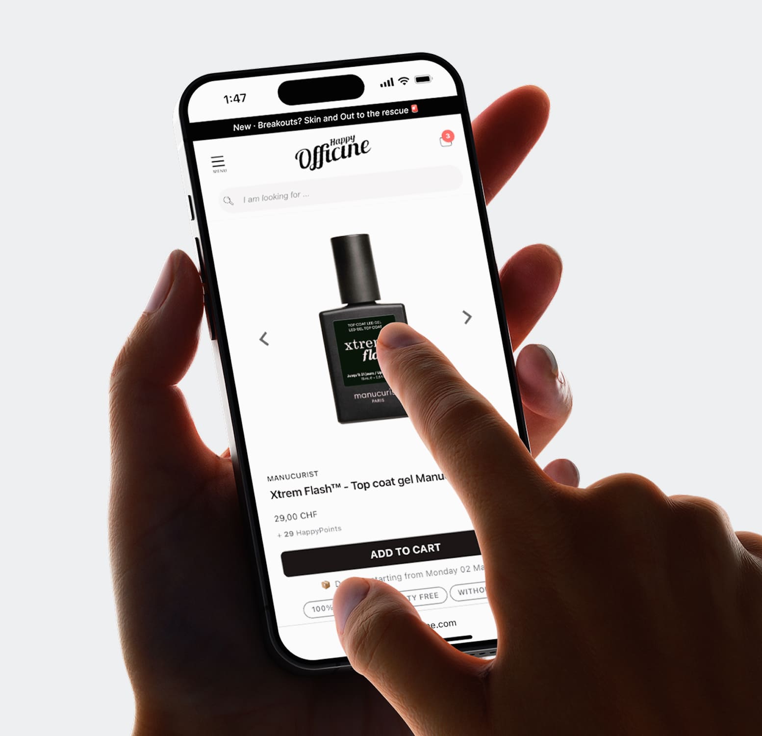 Mobile product page experience for Happy Officine marketplace showing product interaction, gallery navigation, and add to cart flow