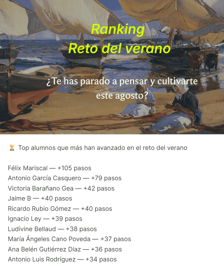 Ranking del reto del verano sobre un cuadro de Sorolla, con los diez alumnos que más pasos han completado