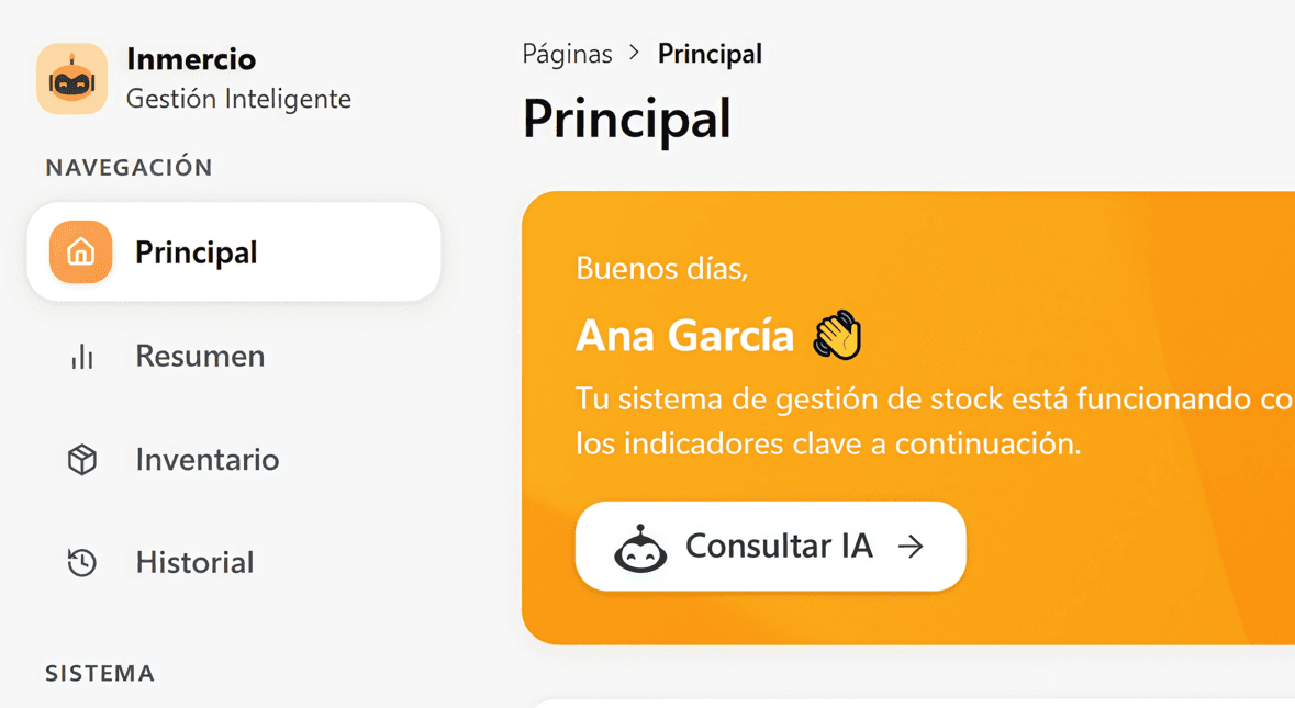 Dashboard web de Inmercio con vista de inventario en tiempo real