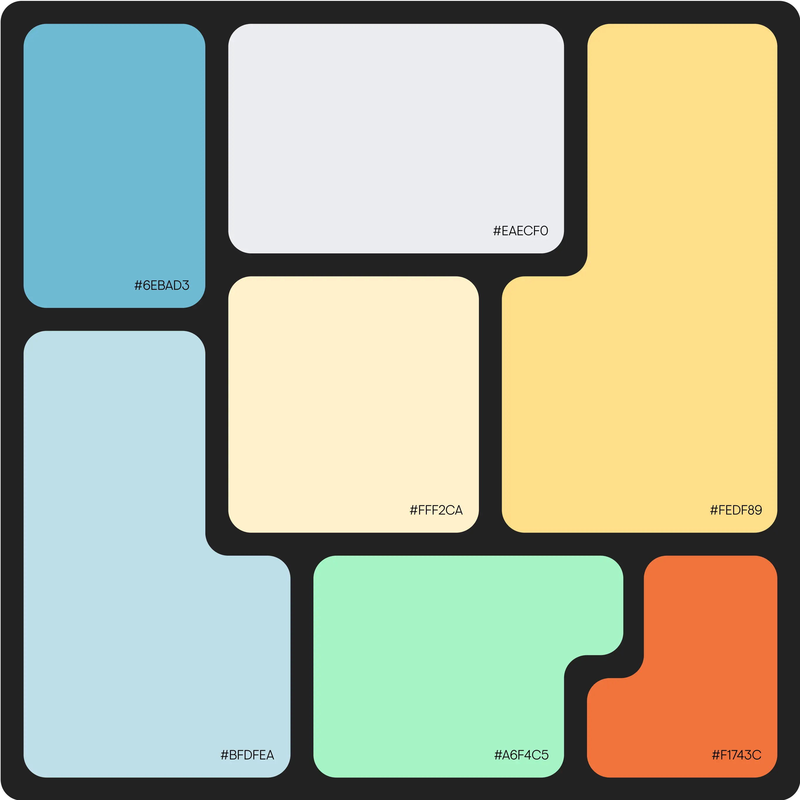 A grid of variously shaped and colored blocks with rounded corners, each labeled with a hexadecimal color code. The colors and their codes are as follows: a light blue block (#6EBAD3), a pale blue block (#BFDFEA), a very light grey block (#EAECF0), a cream block (#FFF2CA), a pastel yellow block (#FEDF89), a mint green block (#A6F4C5), and an orange block (#F1743C).