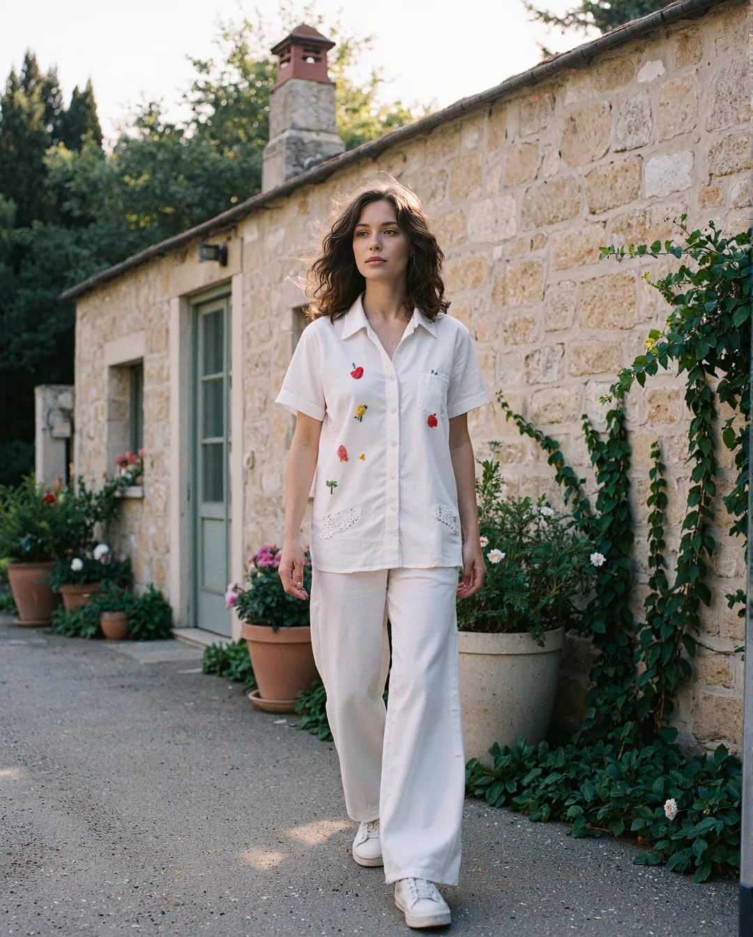 White summer outfit with embroidered details photographed against rustic stone wall with potted flowers and climbing vines
