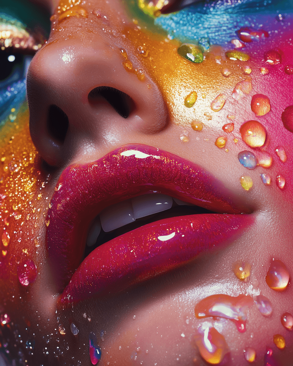 Close-up of a colorful face with vibrant paint and glossy lips, enhanced with water droplets for a striking effect.